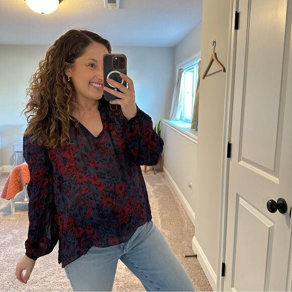 Tuckernuck Shoshanna Blue Red Floral Long Sleeve Blouse Top Small - Picture 4 of 11